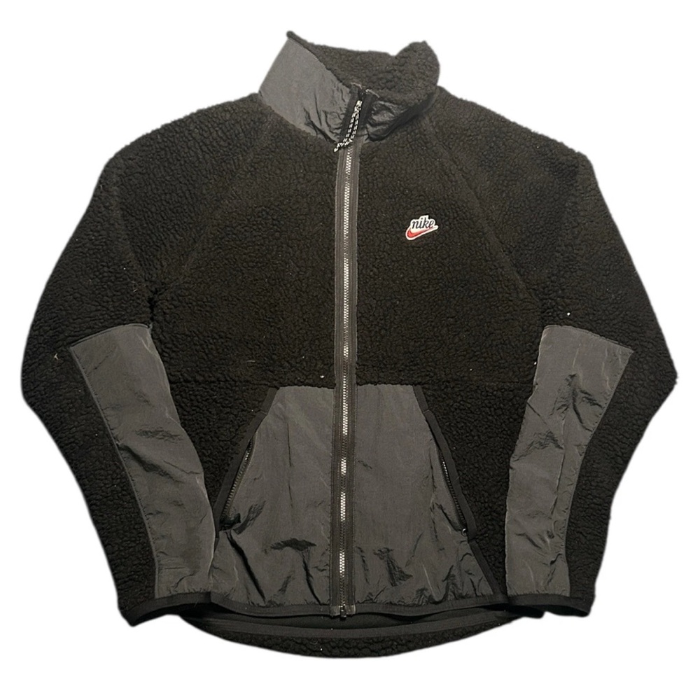 Nike Sportswear Heritage Black Gray Sherpa Jacket Sz S Full Zip Embroidery Logo